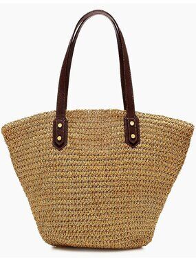 New J. Crew Woven Straw Market Tote Bag With Leather Straps and Gold Hardware
